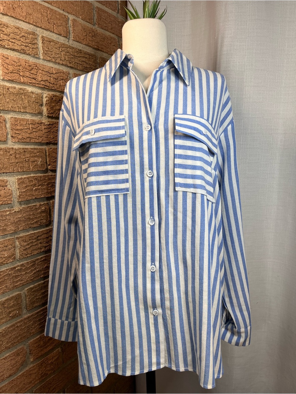 OMSJ Blue White Striped Button Down Tunic Top Size L Oversized Pockets
